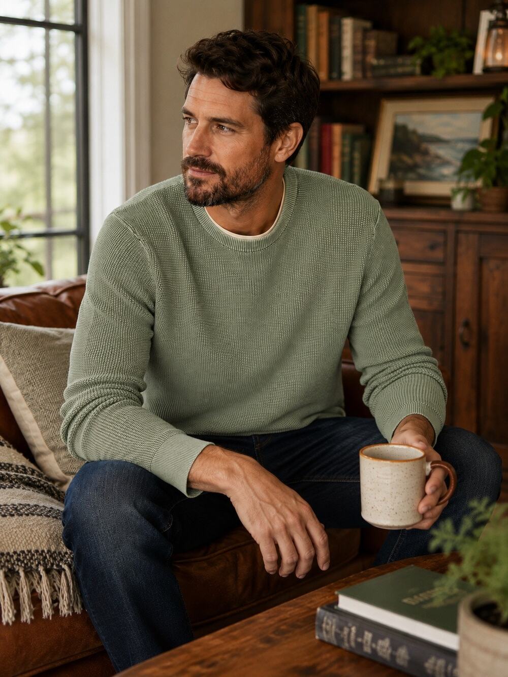 Flint & Tinder Men’s Medium Sage Green Textured Cotton Crewneck Knit Sweater